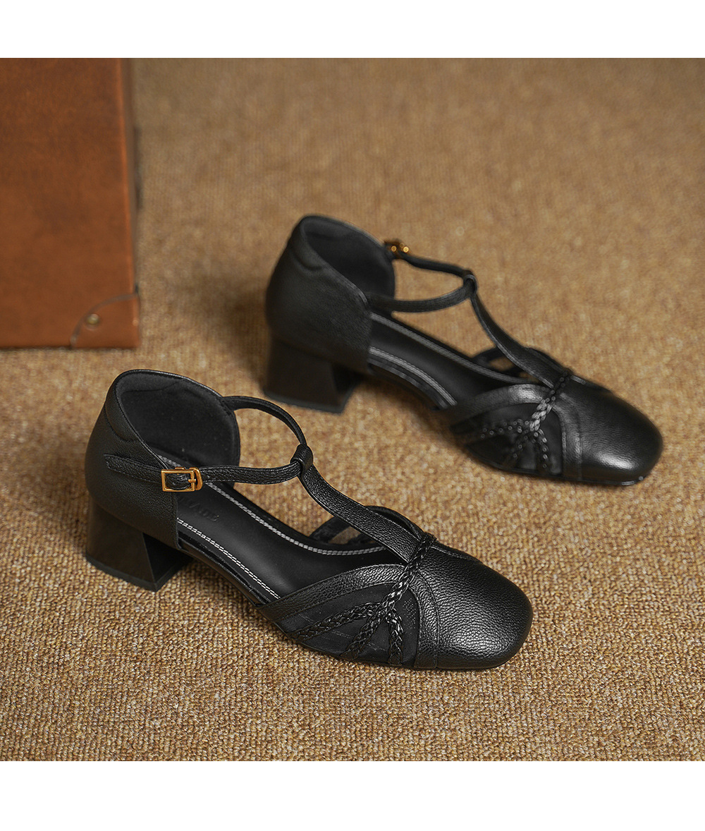 Giày sandal cao gót nữ hở mũi da cừu lưới gót vuông quai chữ T — đen chi tiết 14