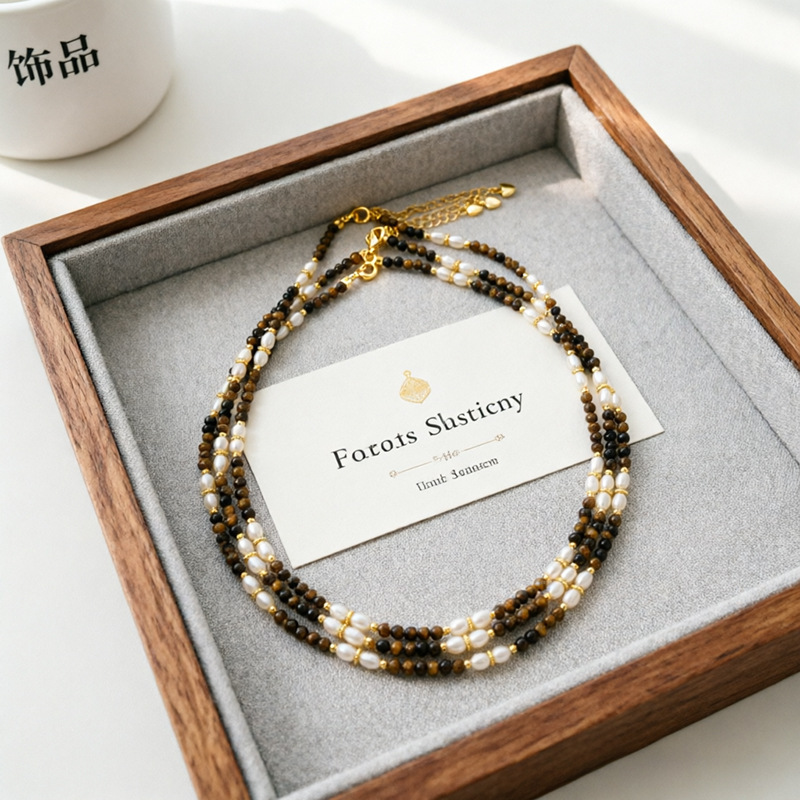Vintage French-style Baroque pearl necklace with natural freshwater tiger eye stone, fashionable collarbone chain, niche jewelry for women