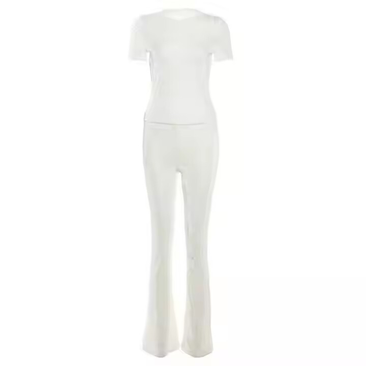 New Style Shiny Suit Women's Bell-Bottom Pants Suit Summer Slimming Short-Sleeved High-Waisted Casual Long Pants Suit Women's Cross-Border