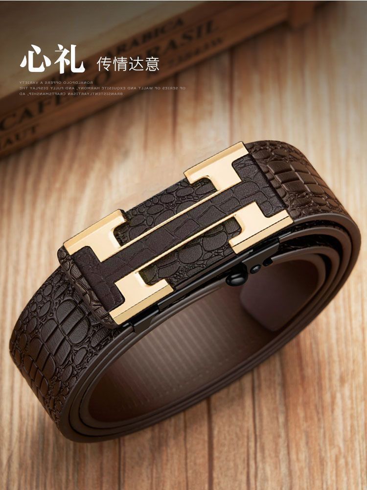 Crocodile Pattern Leather Belt Men's Waist Belt with Automatic Buckle Letter HB Fake Leather Belt Casual Versatile Trouser Belt