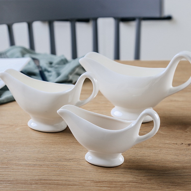 陶瓷汁斗汁船纯白骨瓷酱汁斗西餐餐具牛排专用黑椒欧式奶壶大奶盅