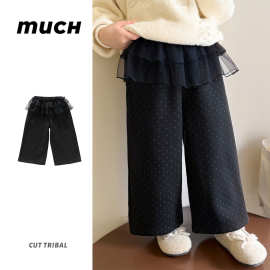 女童加绒裤子秋冬季2025新款儿童波点直筒裤小女孩冬装加厚休闲裤