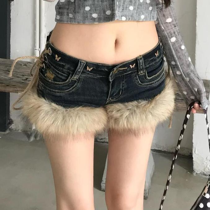 American Retro Large Size Design Furry Splicing Jeans Women's New Y2K Millennium Sexy Low-Waist Hot Pants