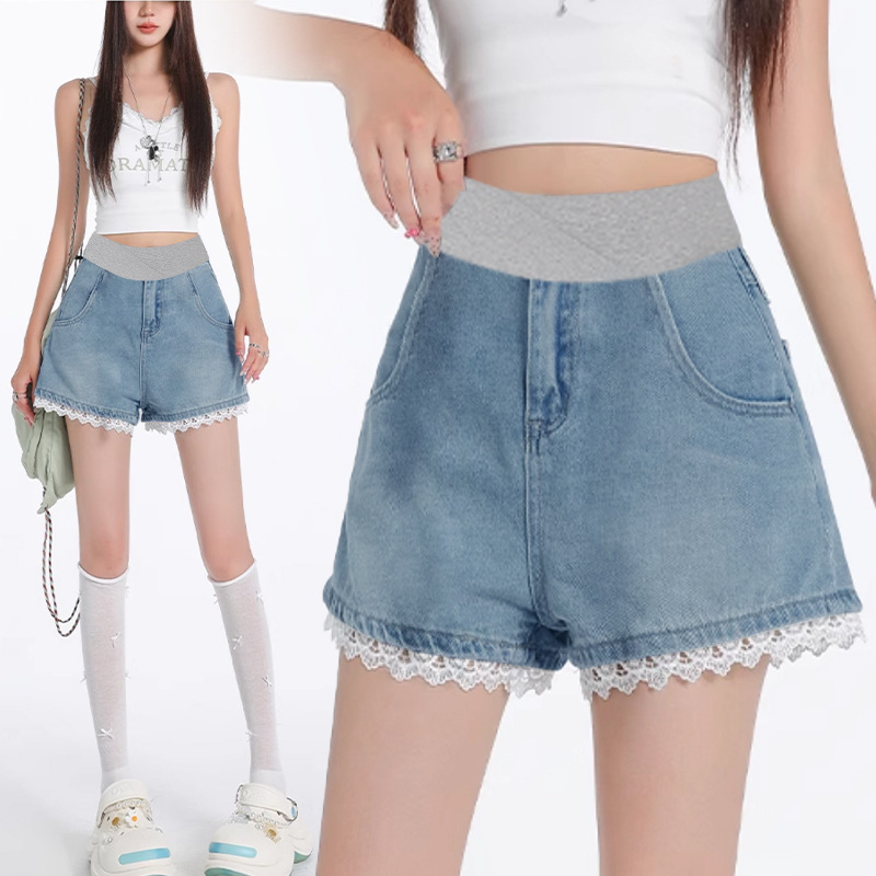 Maternity Lace Denim Shorts 2026 Summer New Style Loose Slimming A-Line Pants Plus Size Versatile Wide-Leg Hot Pants
