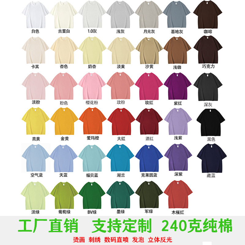 240g Double Yarn High-Quality Heavy Pure Cotton Short-Sleeve T-Shirt Custom-Made Plain Team Building Class Uniform Workwear Custom Design According to Your Image