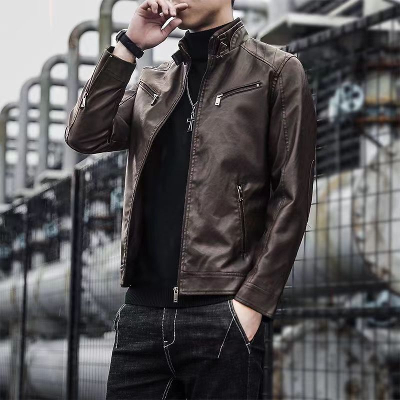 Cross-Border Amazon Men's Pu Leather Jacket Trendy Youth Stand Collar Punk Motorcycle Leather Jacket for Men