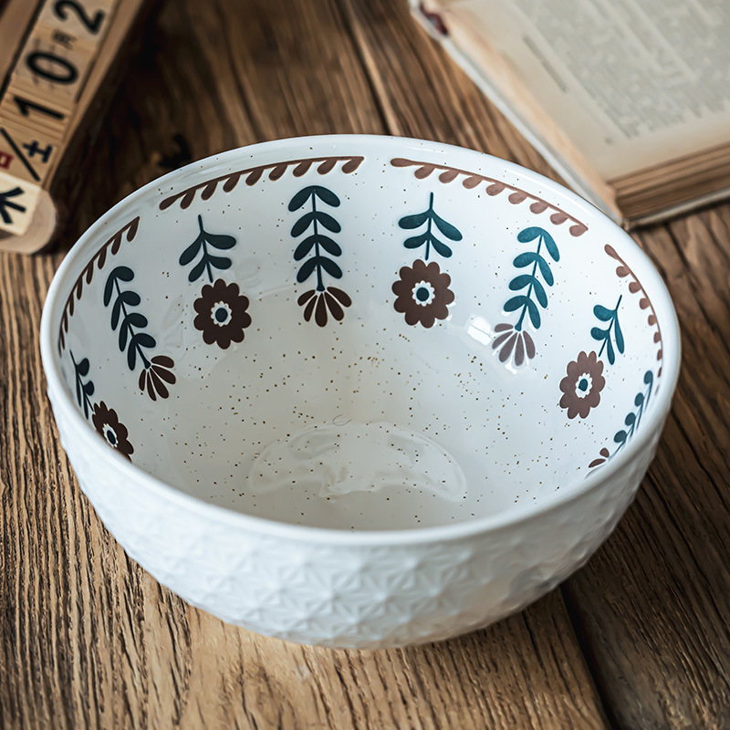 Japonés retro en relieve tazón de cerámica pequeña sopa de cártamo tazón de gran capacidad cubiertos domésticos tazón de gran tamaño tazón de frutas tazón