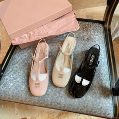 秒發！蘇茵茵同款鞋阿miu家一字帶搭扣圓頭粗跟瑪麗珍鞋涼鞋