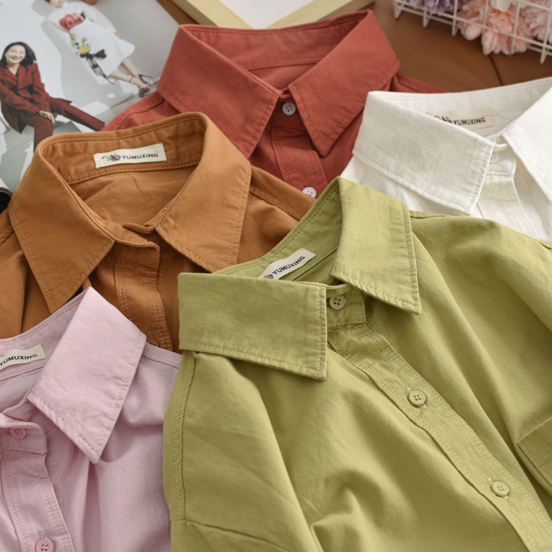 Pure Cotton Green Stylish Long-Sleeve Shirt for Women, 2026 Spring and Autumn Versatile Solid Color Petite Shirt Jacket Casual
