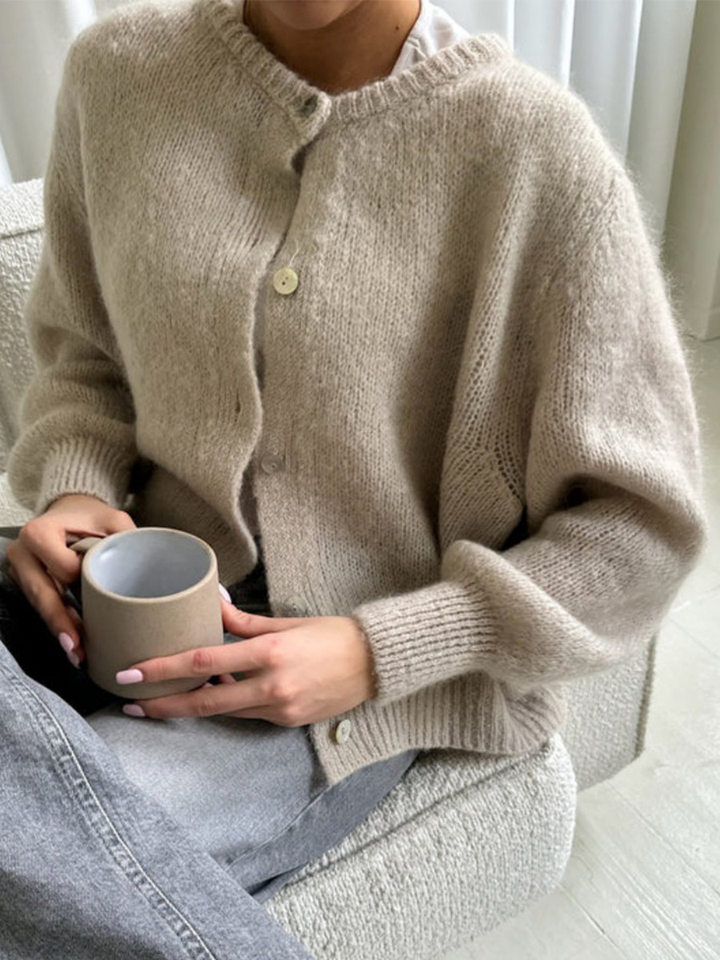 Áo cardigan len dệt kim dáng mỏng nhẹ cài nút một hàng, tay dài cổ tròn nữ — hoa hồng đỏ, màu be, màu cam, màu hoa cà chi tiết 119