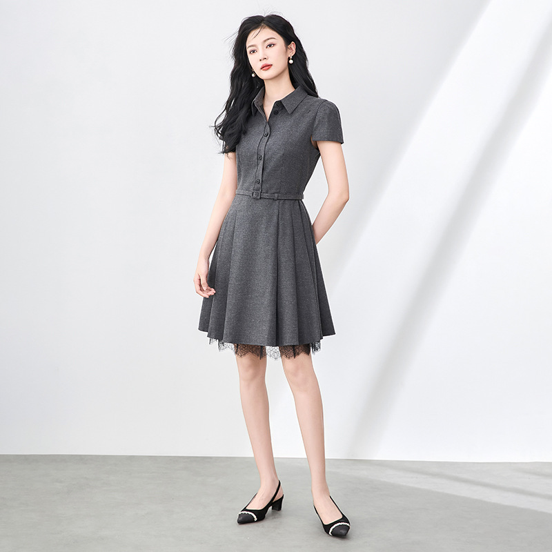 Đầm nữ tay ngắn cổ ve phối ren xếp ly eo retro — Màu xám đậm