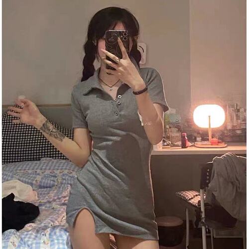 Navy-style women's summer dress: sexy, elegant, waist-defined, figure-flattering, short-sleeved, with a notched lapel and A-line silhouette