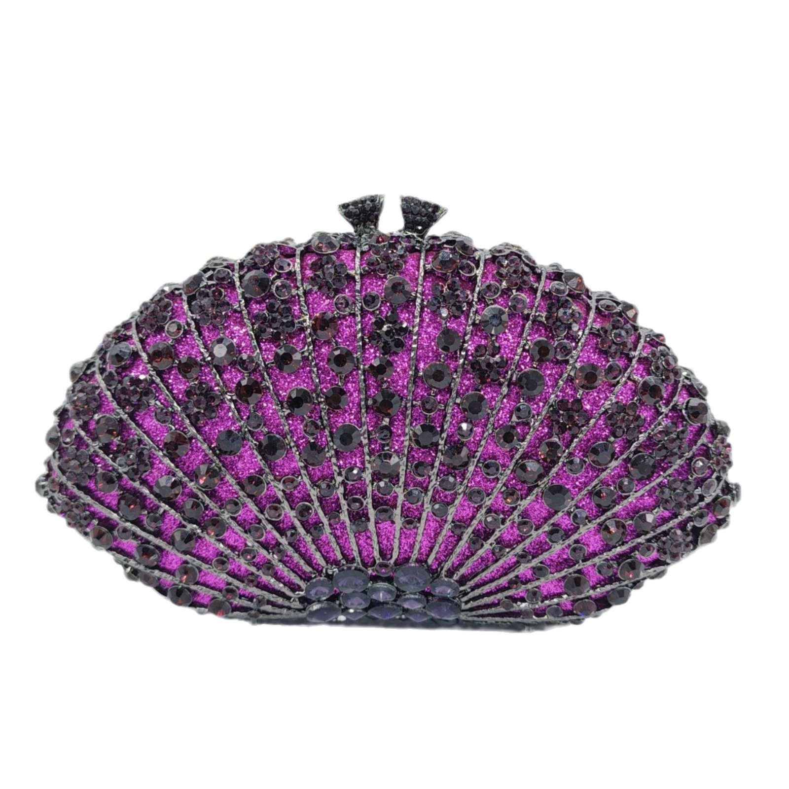 Bolsa de cena con diamantes en forma de ventilador transfronteriza bolsas de diamantes metálicas huecas bolsas de fiesta celebridades europeas y americanas reuniones anuales bolsas de mano de mujeres púrpura oscuro