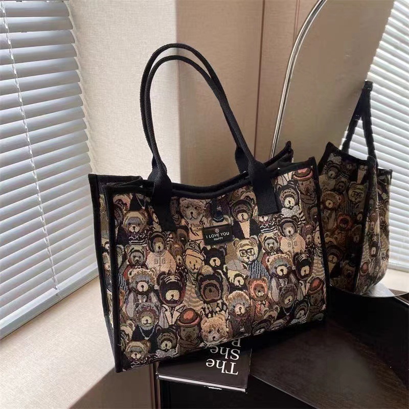 만화 인쇄 된 곰 토트 가방 대용량 유행 어깨 가방 여성 게으른 스타일 올 매치 통근 속옷 가방