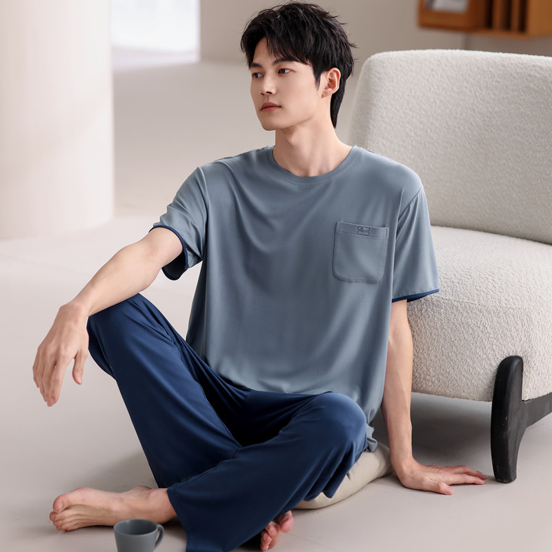モーダルパジャマ男性夏の薄い氷糸半袖ズボン2点セットの大きいサイズの丸首カバーの家庭服