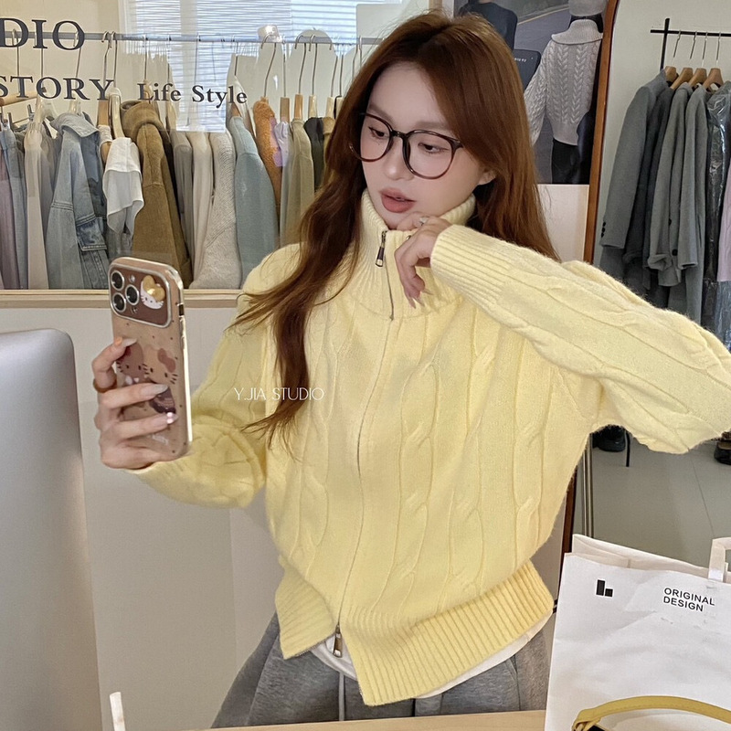 Limeizi Korean-Style Vintage Cable Knit Stand Collar Sweater Coat for Women, Autumn and Winter Age-Reducing Unique Knitted Cardigan, College Style 51