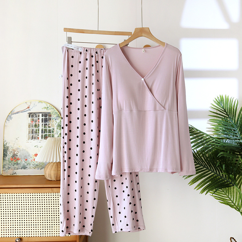 Modal confinement clothes spring pregnant women postpartum nursing pajamas women's home clothes spring and summer suit with chest pad long sleeves