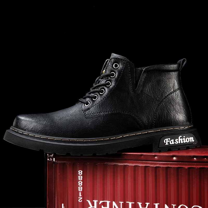 003 Мужская обувь Ботинки Martins Ботинки Челси Высокие рабочие ботинки на шнуровке Кожаные ботинки с большим носком Теплые повседневные короткие ботинки