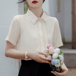 Real shot 2024 new French pleated satin drape short sleeve shirt design all-match commuter chiffon shirt women