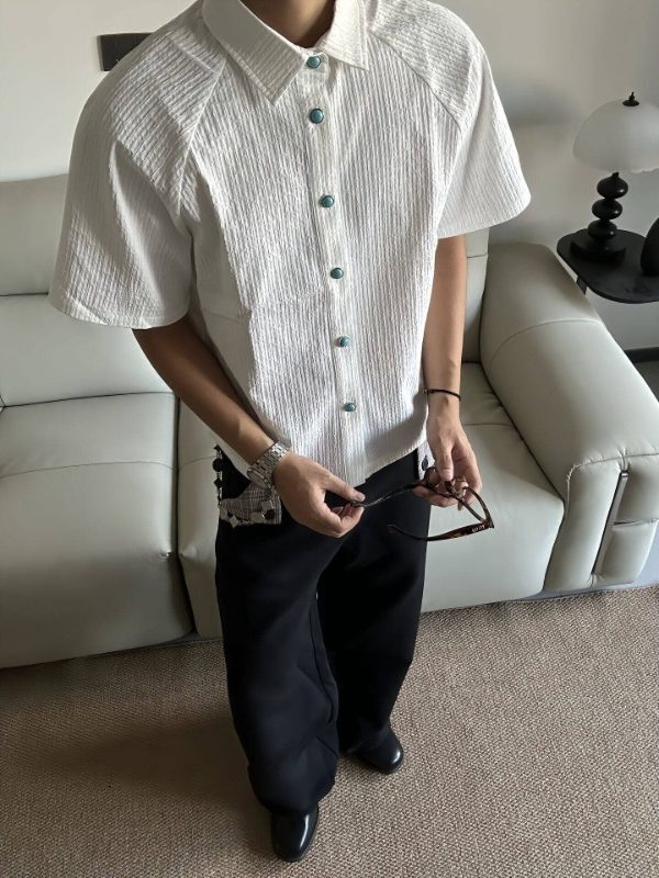 Korean Tears of the Sea Short-Sleeve Shirt T-Shirt Turquoise Textured Pleated Shirt Old Money Boxy Top for Men