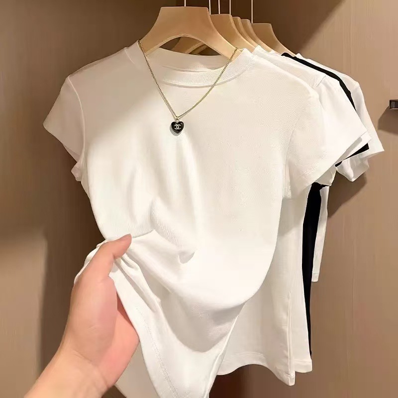 ホワイトショルダー半袖Tシャツレディース2025夏新作インナーレイヤリングシャツ小柄な人向けスリムショートトップ|undefined