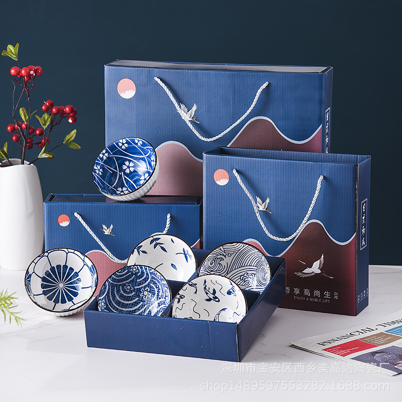 Japanese Style Bowl and Chopsticks Set Creative Practical Gift Hand-painted Blue and White Porcelain Bowl Ceramic Tableware Set Gift Box Printed logo