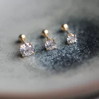 Гвоздь для ушей с одной дрелью, чистое золото 14K, инкрустированное блестящим цирконом, мини-серьга с четырьмя когтями и шестью когтями