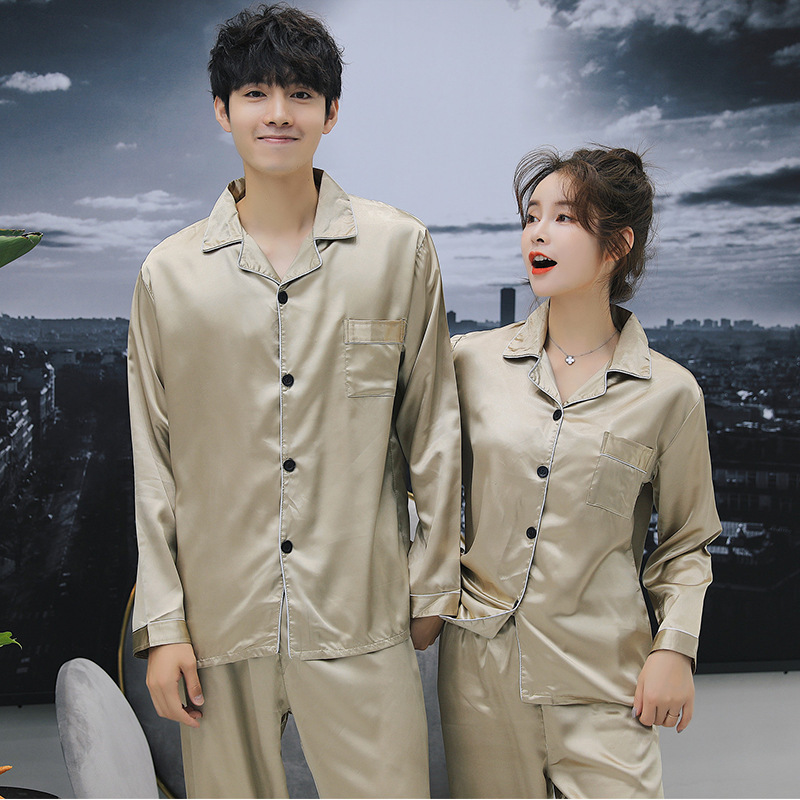 Directo de fábrica pareja pijamas de las mujeres primavera y otoño simple color sólido de seda de hielo de manga larga de seda artificial de los hombres desgaste del hogar traje