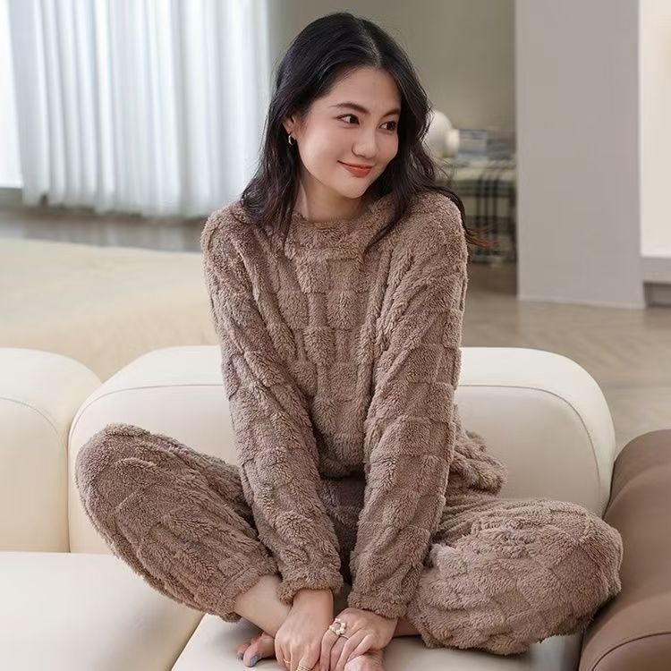 秋冬季珊瑚绒睡衣套装女加绒加厚家居服时尚可外穿法兰绒开衫睡袍|undefined
