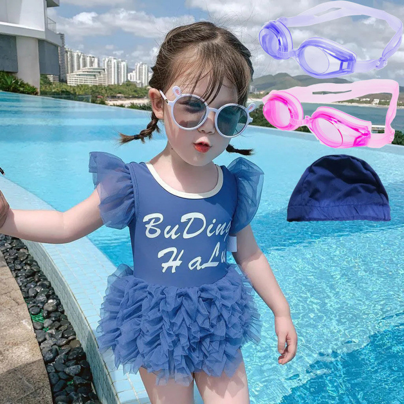 Niña trajes de baño azules con gorras de baño + gorras de baño + gafas de baño