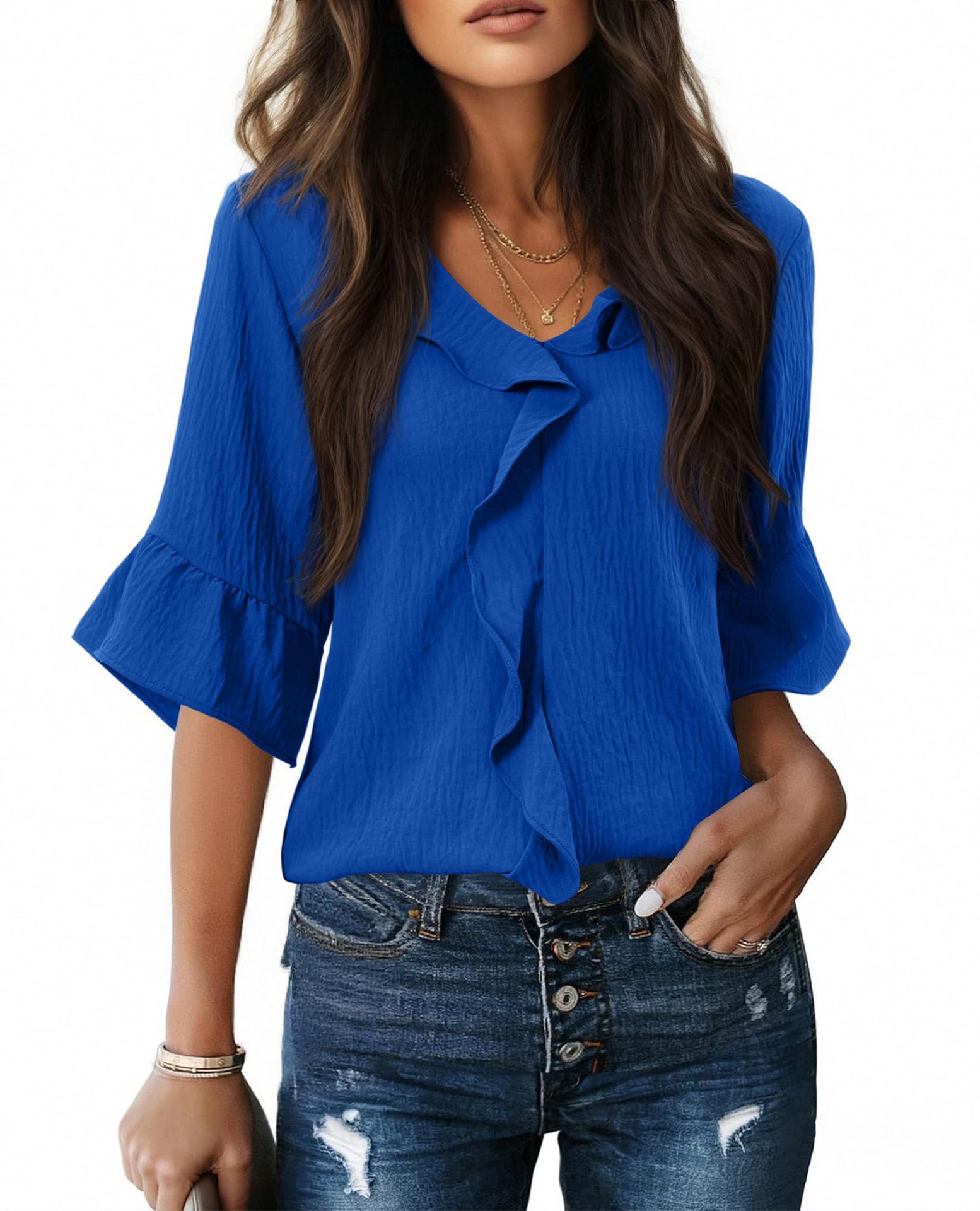 Women's V-neck Ruffle Blouse Flutter Sleeves Flowy Cold Silk Top_voghion.com