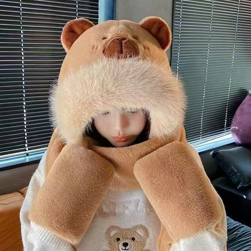 可爱卡皮巴拉帽子围巾一体三件套女秋冬毛绒护耳帽水豚保暖防风帽|undefined