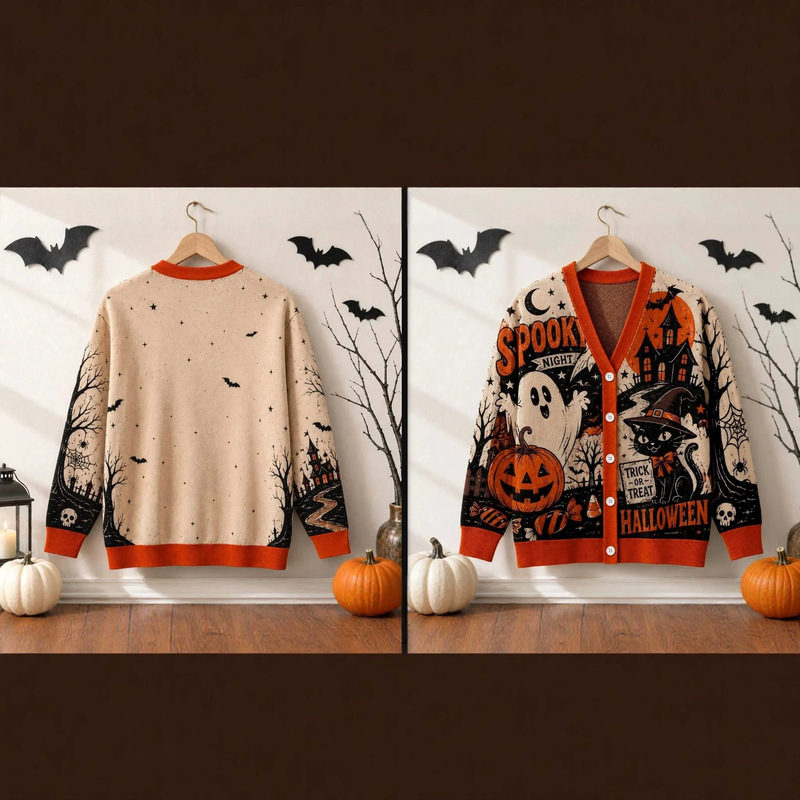 Cross-border women's sweater, V-neck cardigan, single-breasted, long-sleeved, Halloween-themed, digitally printed knit outerwear