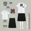 Women's white short-sleeves + black midi skirt + red striped bow tie + JK badge