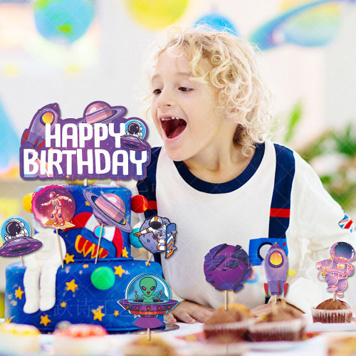 New space starry sky theme birthday party decoration set birthday flag spiral pendant cake insert