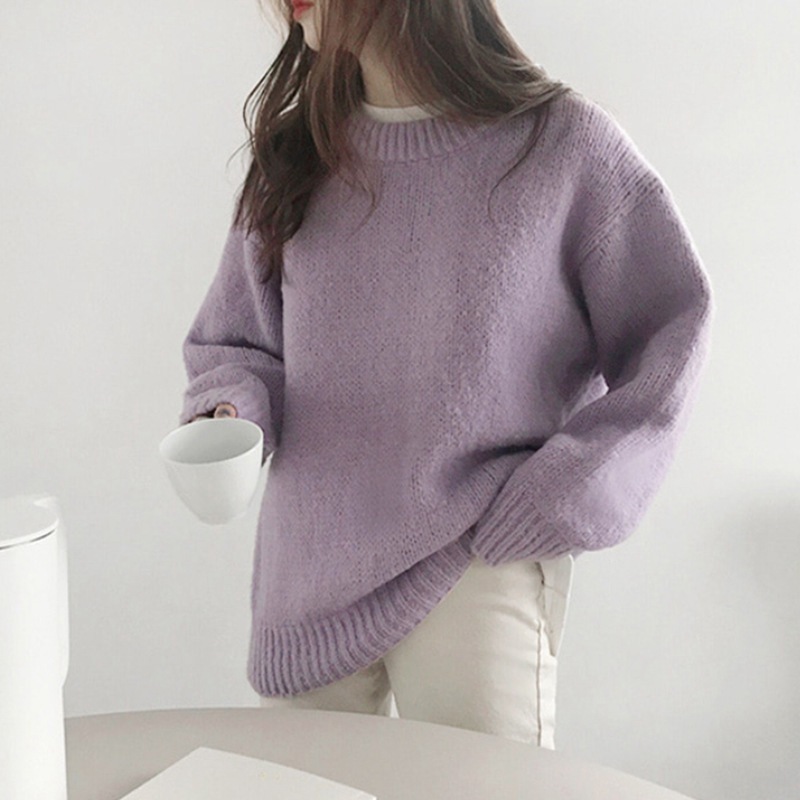 紫色套头毛衣女秋冬外穿宽松慵懒风圆领上衣年新款针织衫加厚|undefined