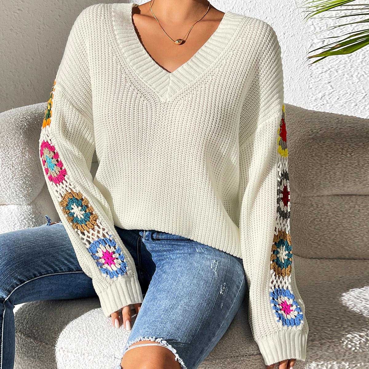 Suéter de otoño y invierno nuevo estilo de ropa de mujer europea y americana suéter de gancho de mano flor empalme suéter de cuello en V Amazon explosión