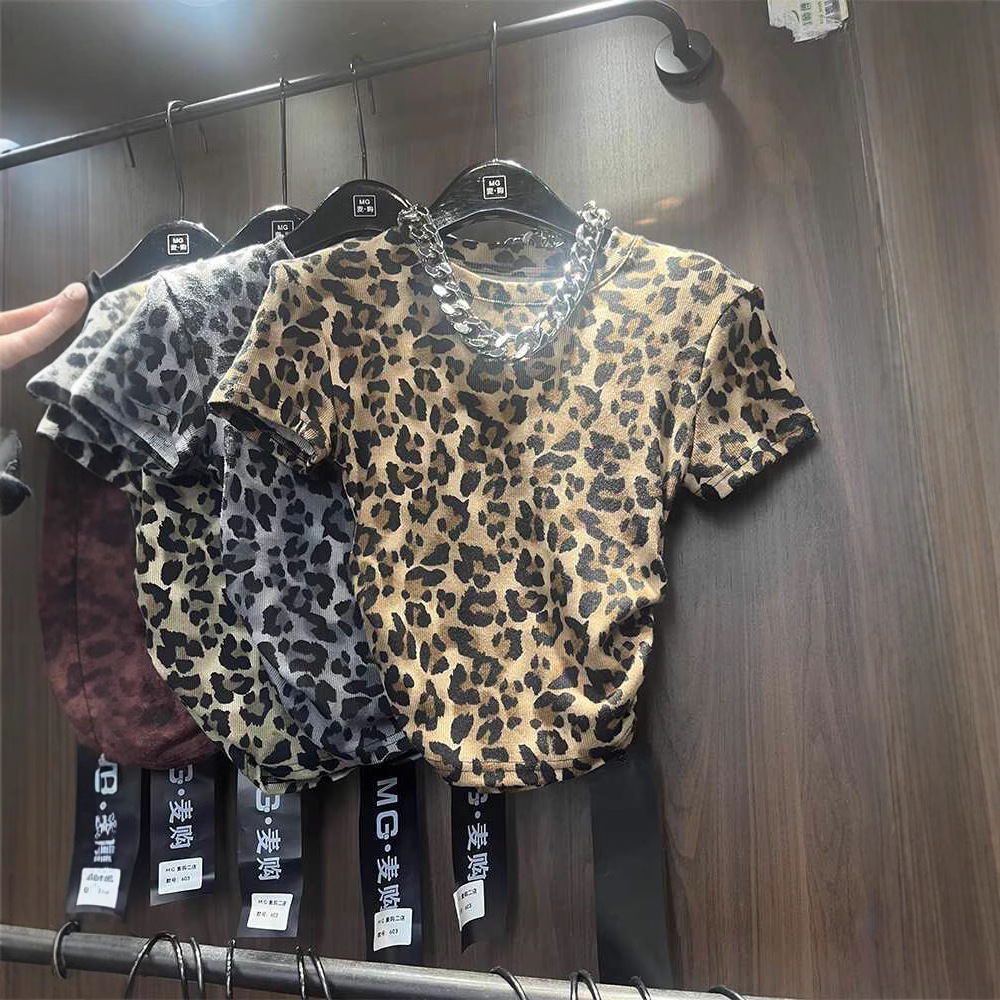 Women's 2025 Early Autumn New Leopard Print Tie-Dye Shaped Waist Round Neck Short Sleeve T-Shirt, Stylish, Slimming Base Shirt Top