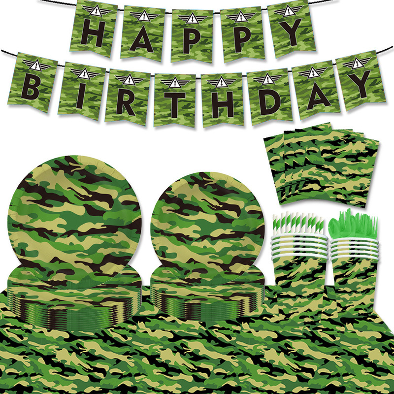 New Military Camouflage Theme Party Disposable Tableware suit Paper Tray Paper Cup Paper Towel Tablecloth Triangle Layout