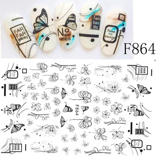 Cross-border new summer nail stickers black and white flower butterfly leaf adhesive totem nail stickers f series