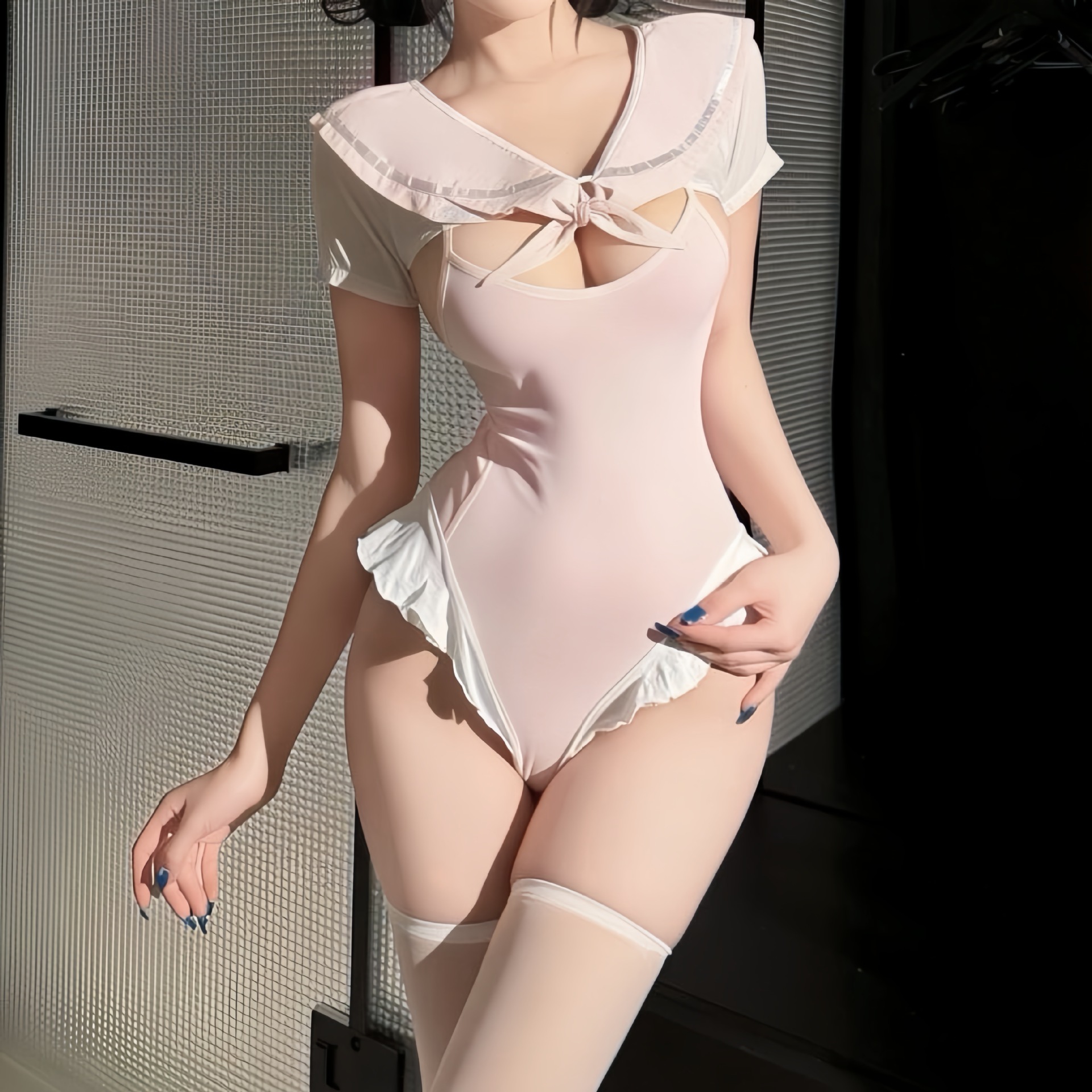 Sailor-Style Open-Crotch Bodysuit Lingerie Set with Sheer Mesh and Stockings — detail image 4