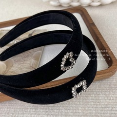 黑色絲絨碎鑽發箍韓版秋冬復古氣質愛心方形寬邊發箍個性壓發頭箍