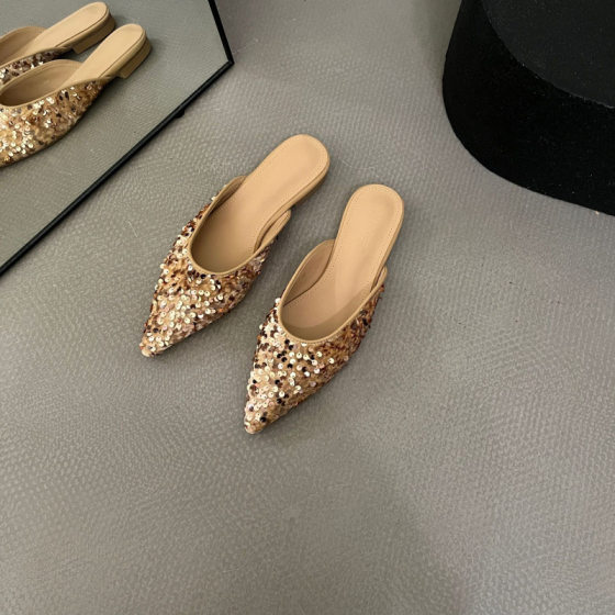Baotou Half Slippers Women's Shoes for Outer Wear 2023 Summer New Low-Heeled French Sequin Pointed Toe Lazy Mule Shoes