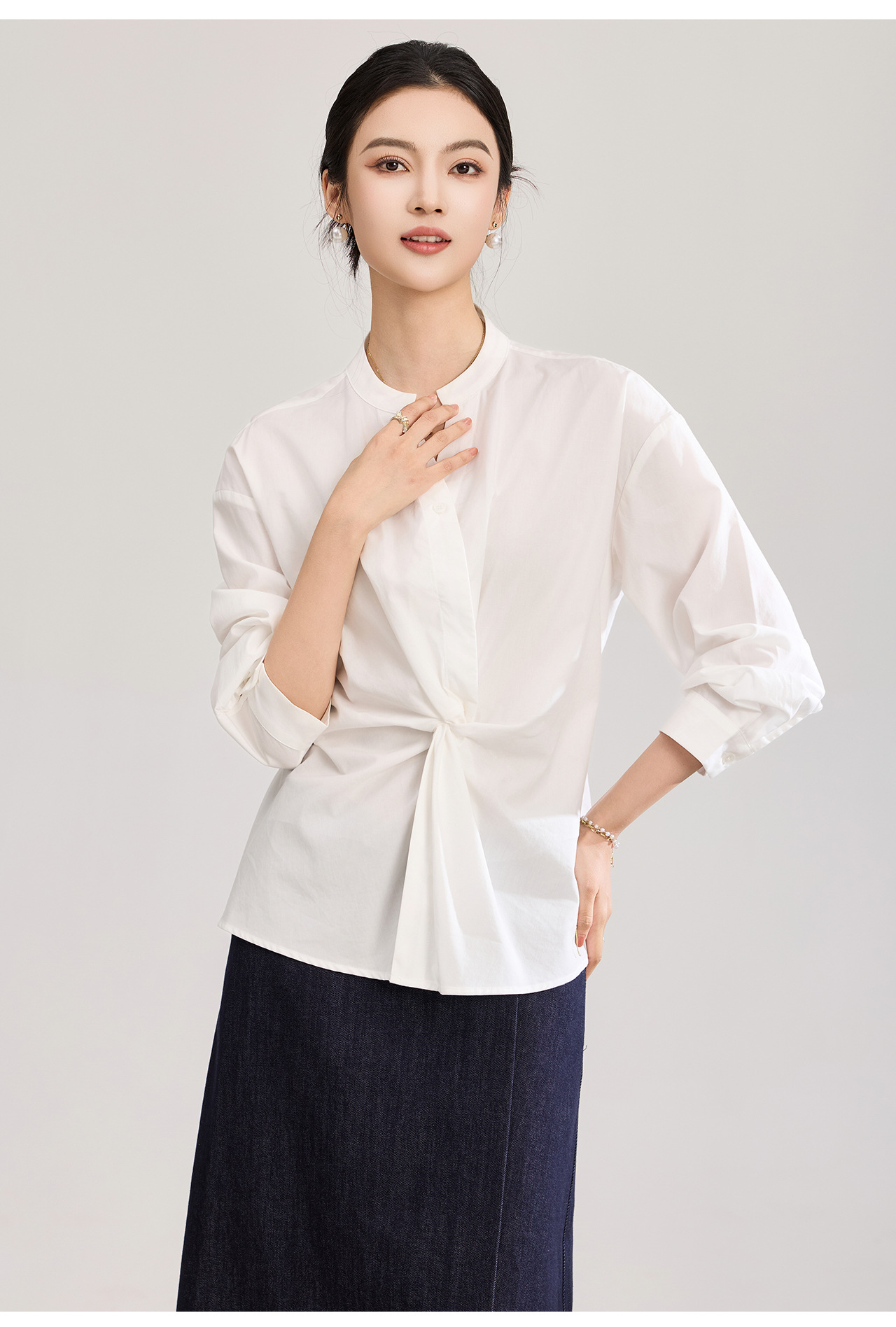 Áo sơ mi nữ dài tay chất lụa tencel phối xoắn thanh lịch — xanh lam chi tiết 22