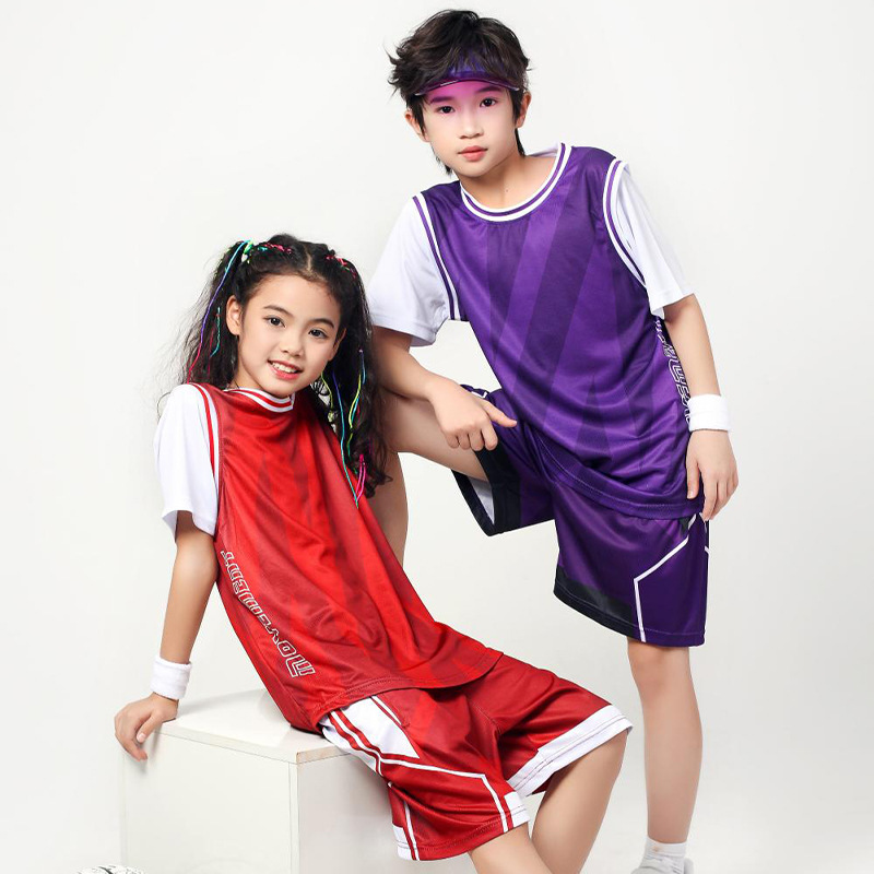 Fake Two-piece Children's Basketball Suit suit Boys and Girls Basketball Clothes Primary and Secondary School Students Short-sleeved Sports Suit Printing