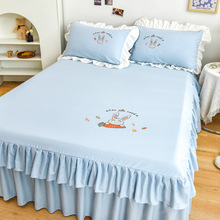 新款韩版sunny兔刺绣双层花边水洗棉单床裙纯色可水洗床裙