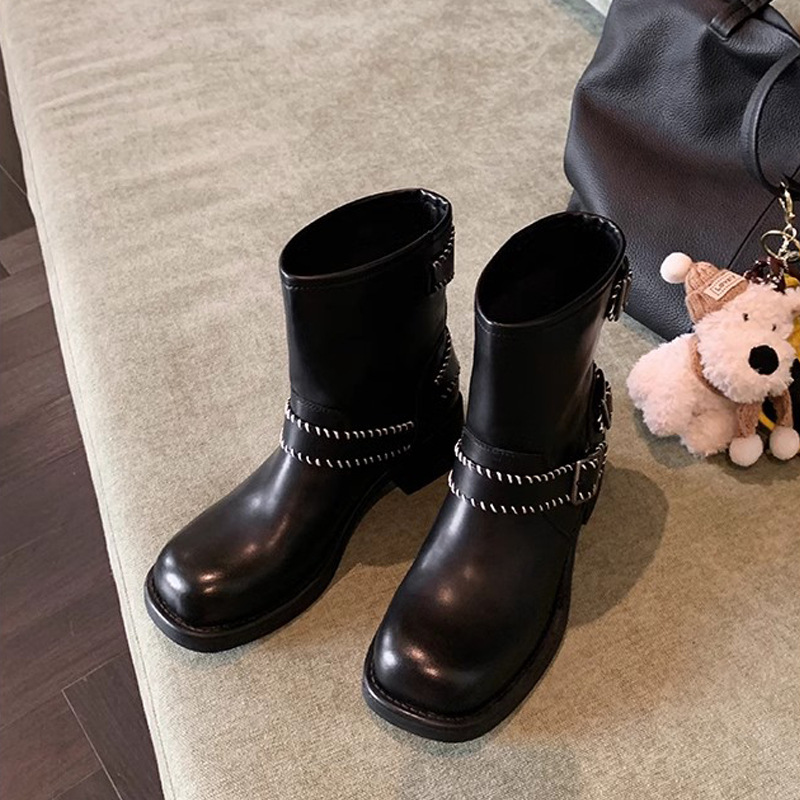 Grava madre nuevo retro abrazadera de cinturón de polvo de color viejo tacones gruesos locomotora británico botas cortas nuevas mujeres image 3