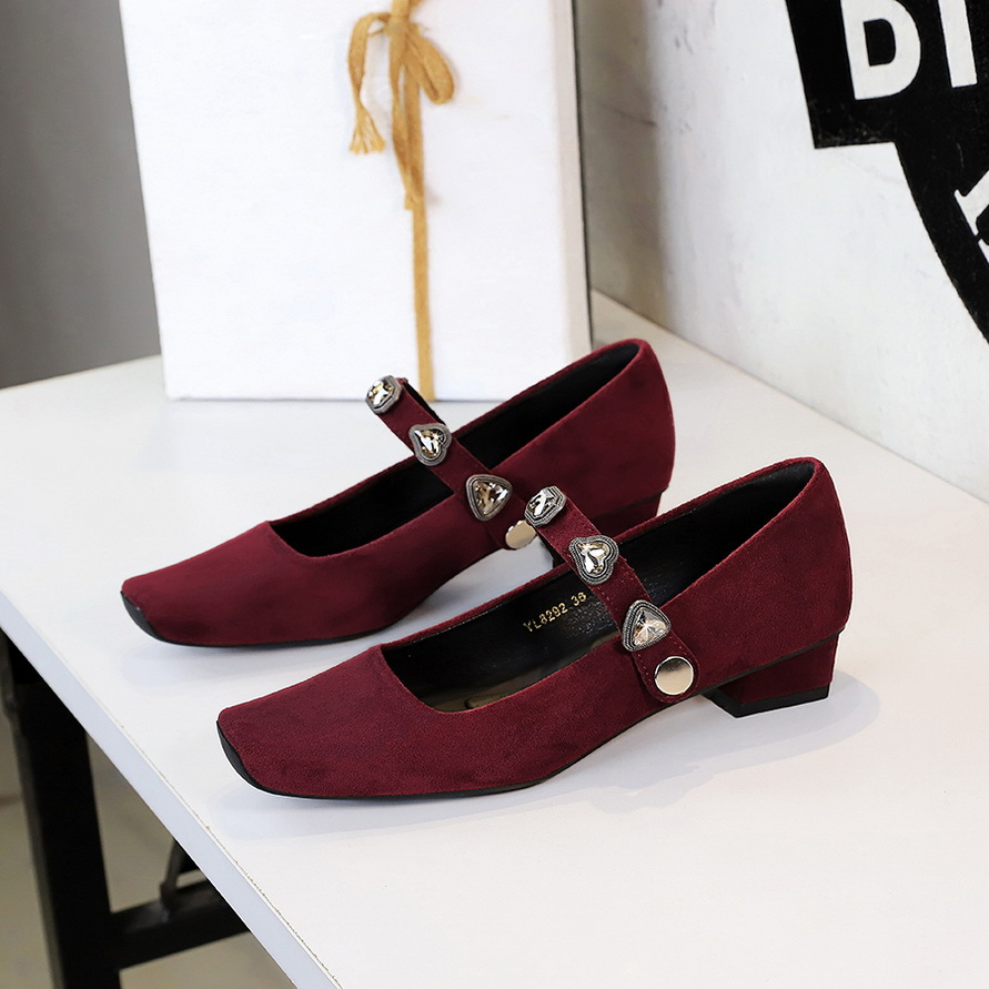 8292-K113 European And American Mary Jane Women's With Chunky Heel, Square Toe, Shallow Cut, Single Strap, Suede,_vogvips.com