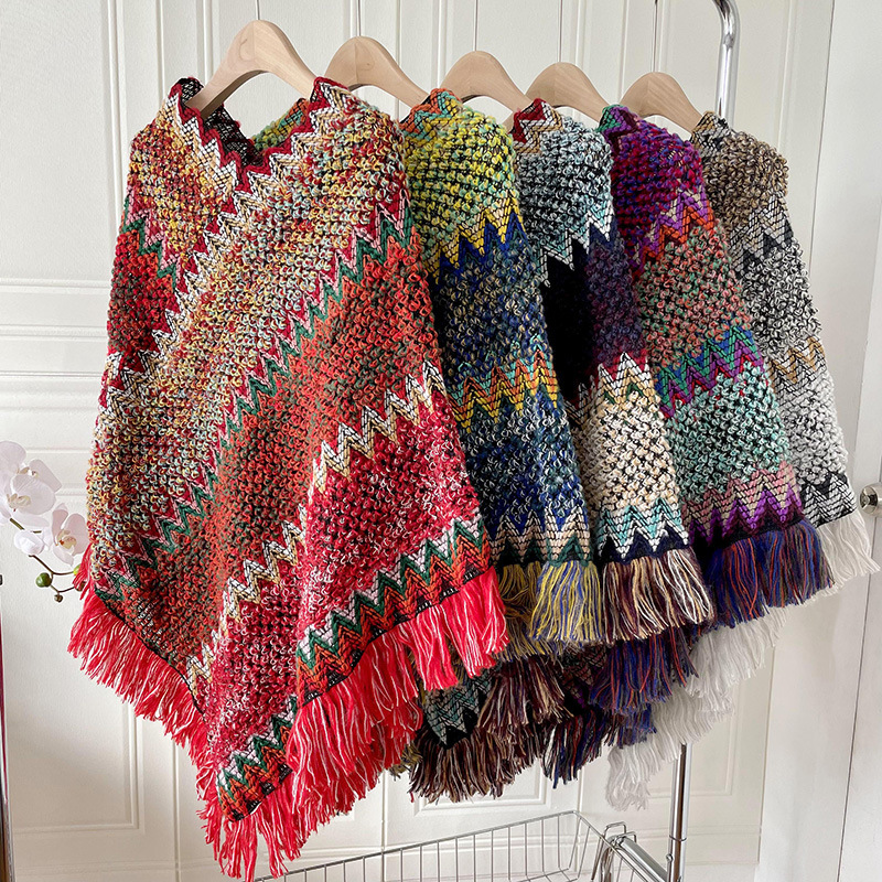 Ethnic-style spring shawl for women, featuring an irregular design, warm fabric, a simple knit texture, and tassel trim, perfect as an outerwear cape or poncho