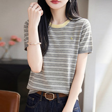 2026夏季新款天丝莱赛尔针织短袖t恤女时尚百搭撞色条纹舒适上衣
